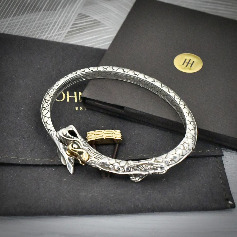 John Hardy Legends Naga Dragon Kick Cuff Bracelet 925 18K Gold 27.4g Full Set